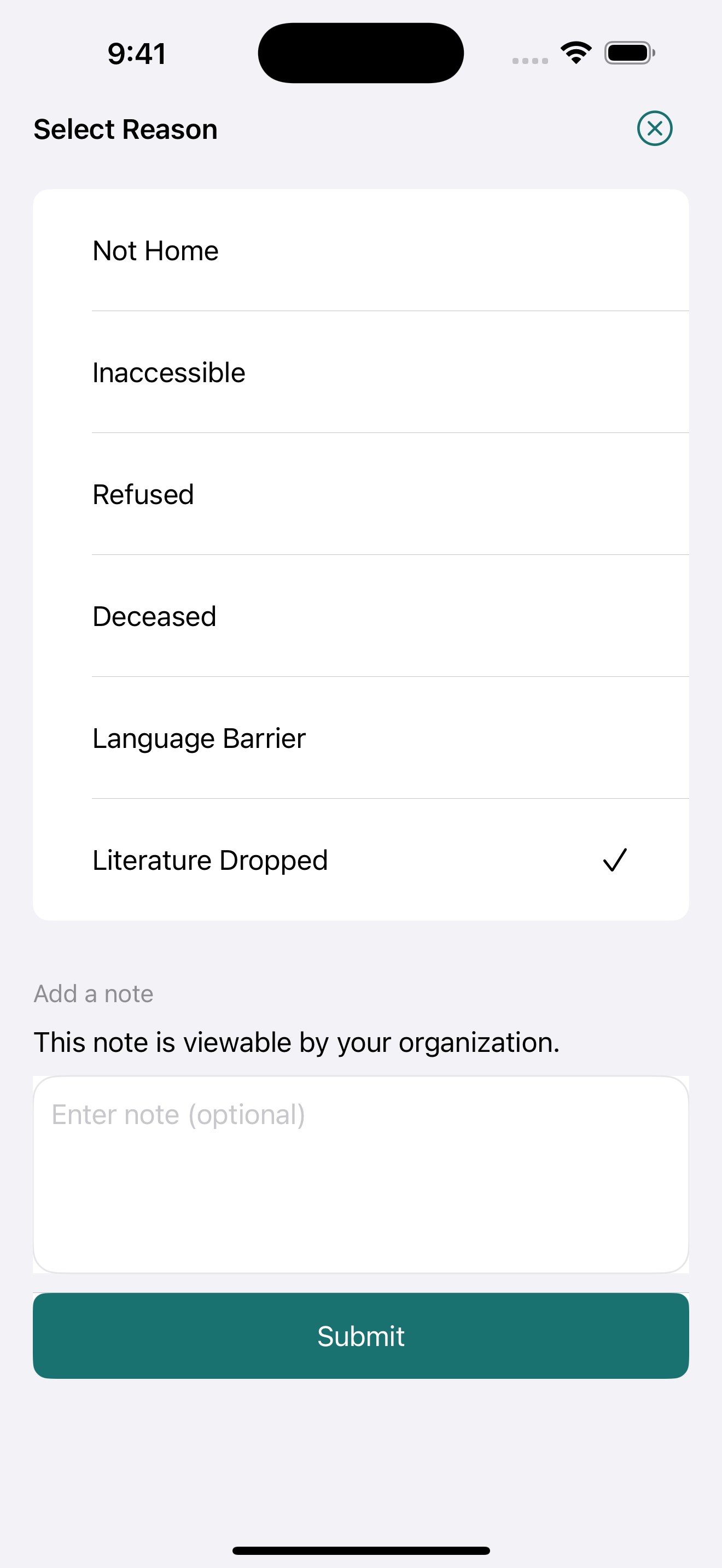 An example of the dispositions that are available: Not Home, Inaccessible, Refused, Deceased, Language Barrier, Literature Dropped. There is a notes field for notes to be entered and a submit button. 