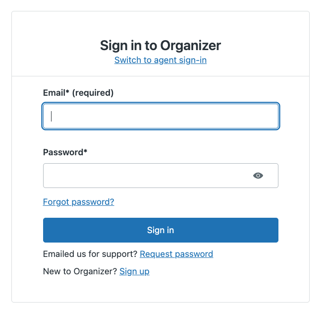 A screenshot of the sign in for the help center. There is an option to enter an email address, password, forgot password, and sign up. 
