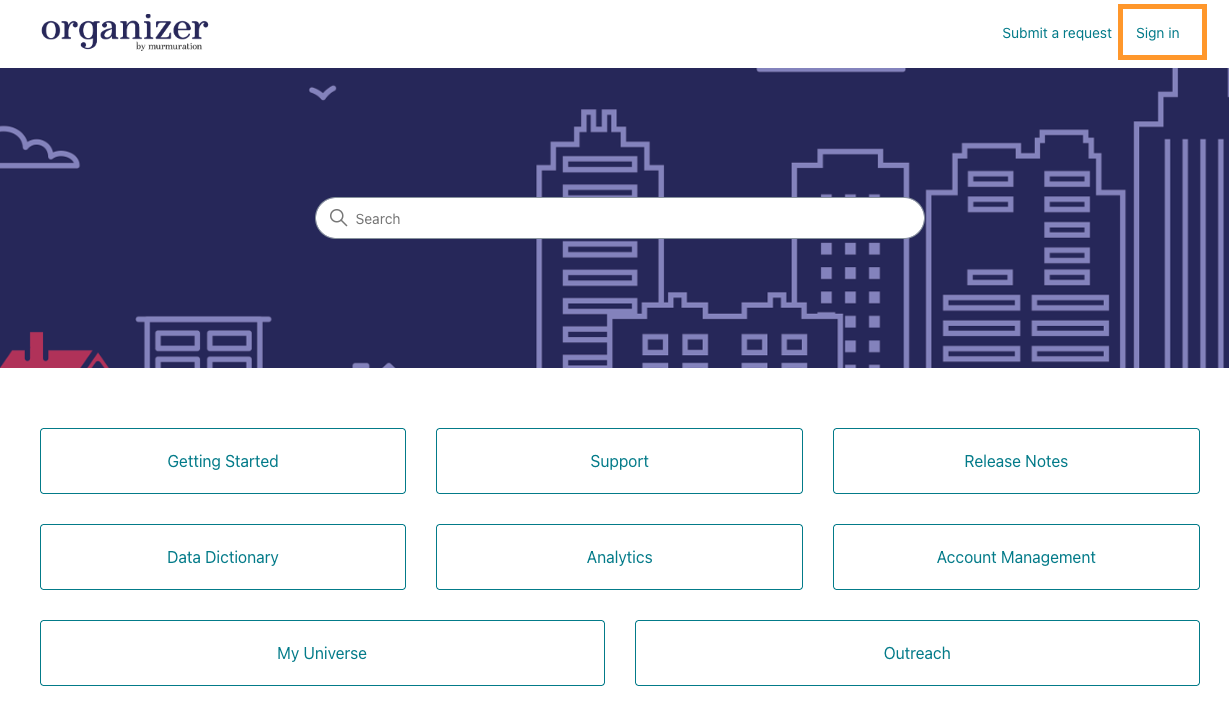 A screenshot of the help center home page. In the upper right corner the options are to submit a request and sign in. 