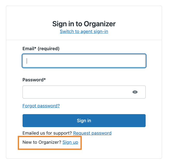 A screenshot of the sign-in page for the help center. The last option which is "New to Organizer Sign Up" is highlighted.