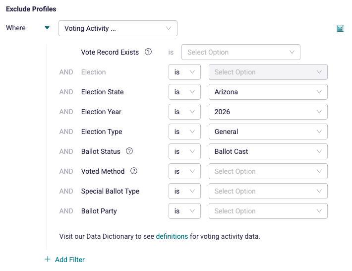 Filters are set for Exclude profiles for Voting Activity for the 2026 Arizona General Election and Ballot Status is Ballot Cast.