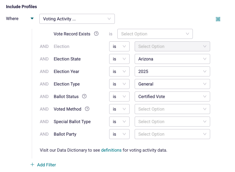 A screenshot of filtering for Ballot Status is Certified Vote for the Arizona 2025 General election.