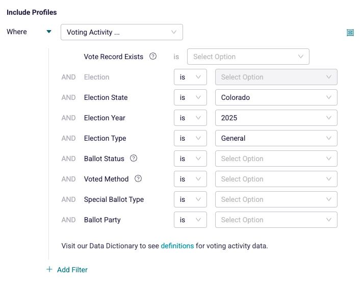 An example screenshot of filtering vote activity for election state is Colorado, Election year is 2025, and Election Type is General. The election field is grayed out since the election information was provided in the selections.