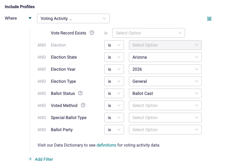 This screenshot demonstrates filtering for voting activity for 2026 Arizona General Election and the Ballot Status is Ballot Cast.