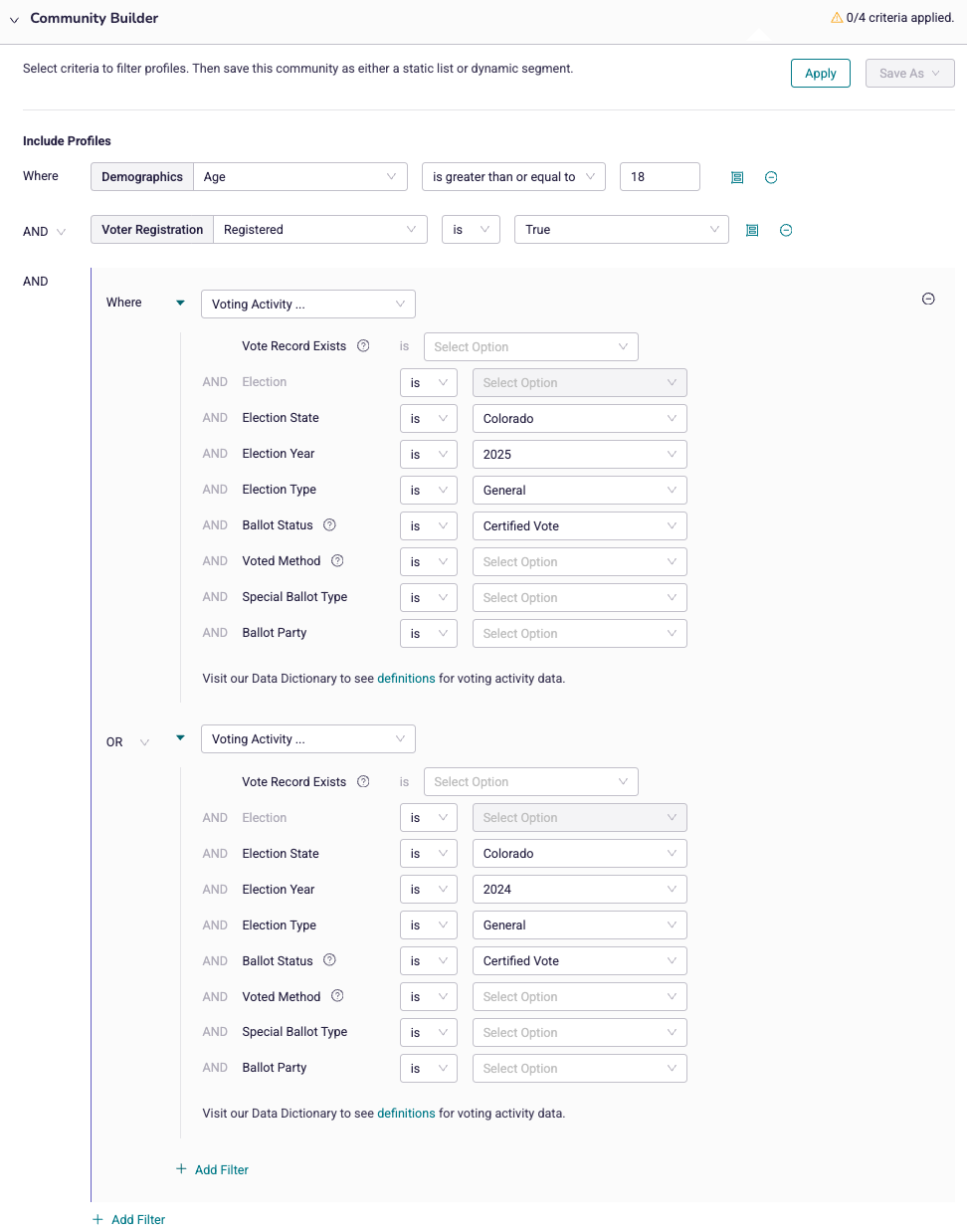 A screenshot of filters in community builder duplicating the previous paragraph's example.