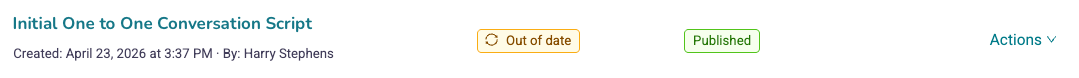 An example of the scripts page showing a script with an out of date tag. The tag is yellow with the text "out of date" with an icon of two arrows in a circle. 