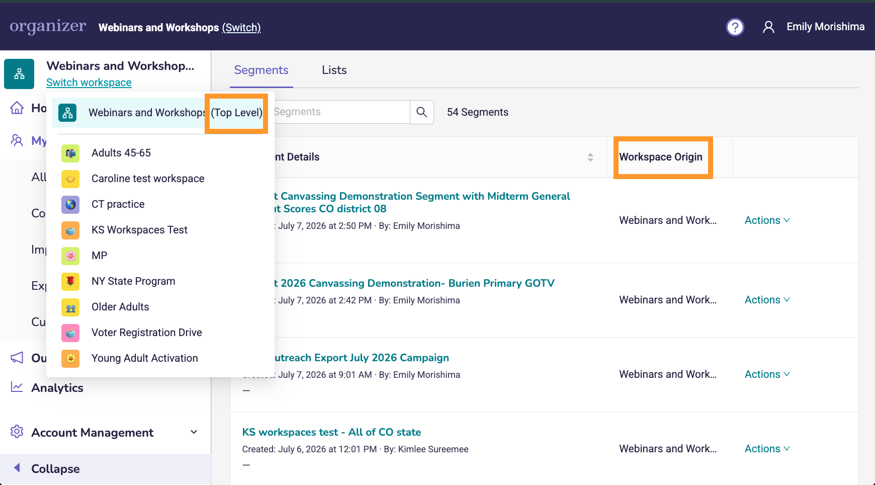 An example screenshot of an account with the Switch Workspace option open to show the account is open at the Top Level. On screen there is also a view of a list of segments and the column header for Workspace Origin is called out.