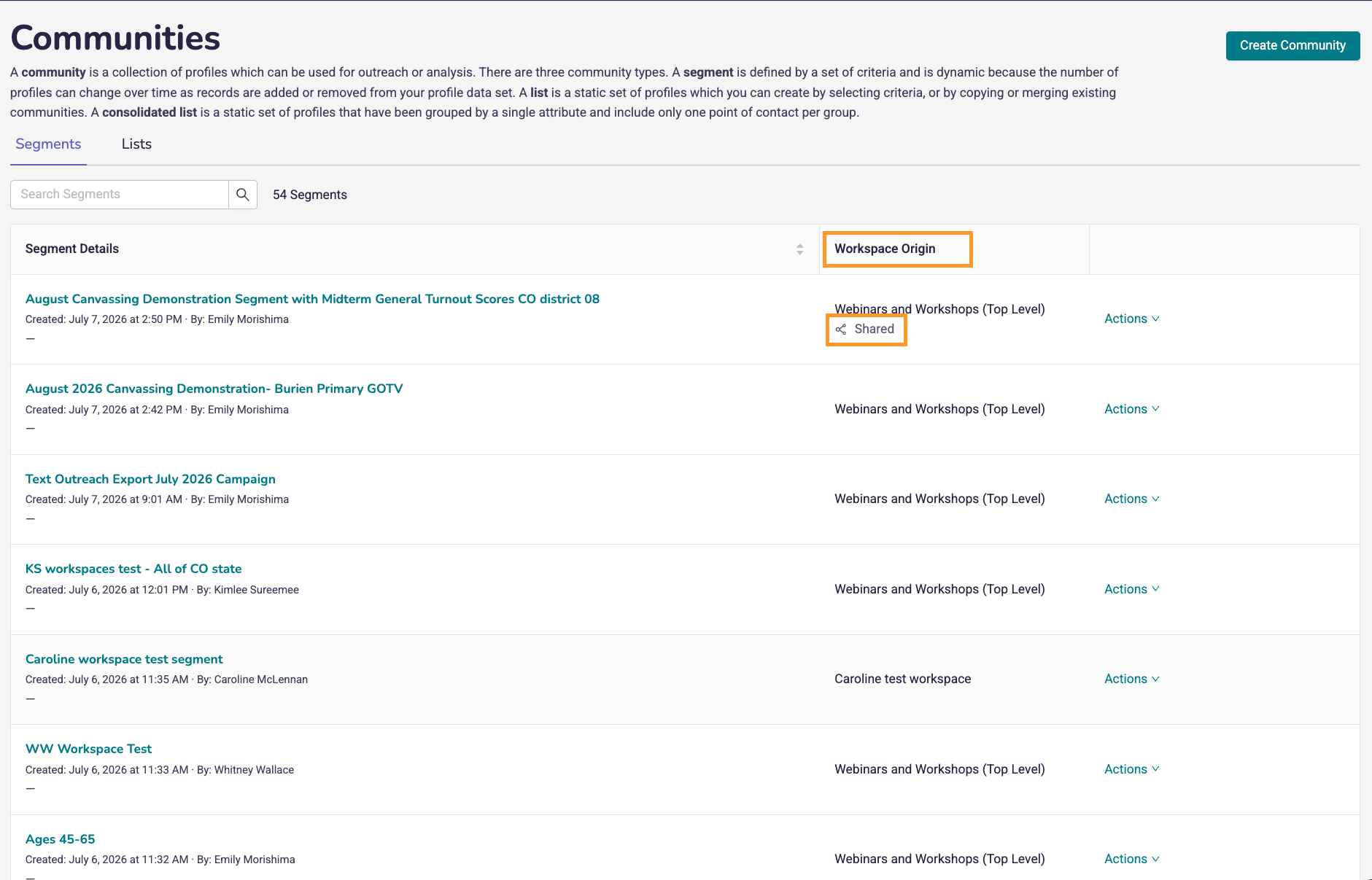 A screenshot of communities with the segments tab open. The second column Workspace Origin is highlighted as well as for a particular segment there is an icon indicated the workspace is shared.