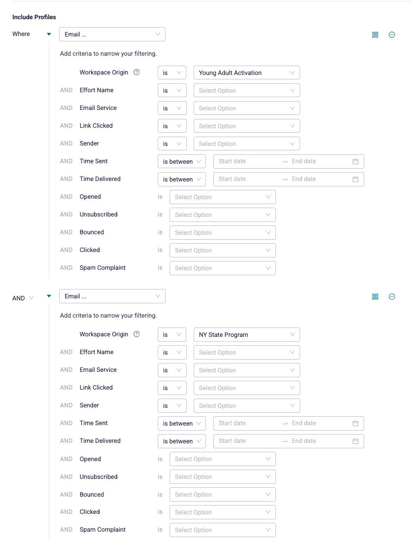 Two filters are shown in the example screenshot of community builder. These are both filters for email outreach and show two different workspace origins. One filter is set to young adult activation and the other is set to NY State Program.