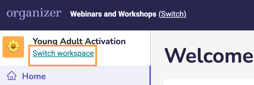 A screenshot of the Workspace selector which is located on the top of the left hand menu underneath the workspace name.
