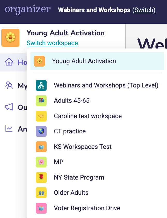 A screenshot of workspace selection with one option selected for the young adult activation workspace. Other options that could be selected are 8 other workspaces and the account or top level. 